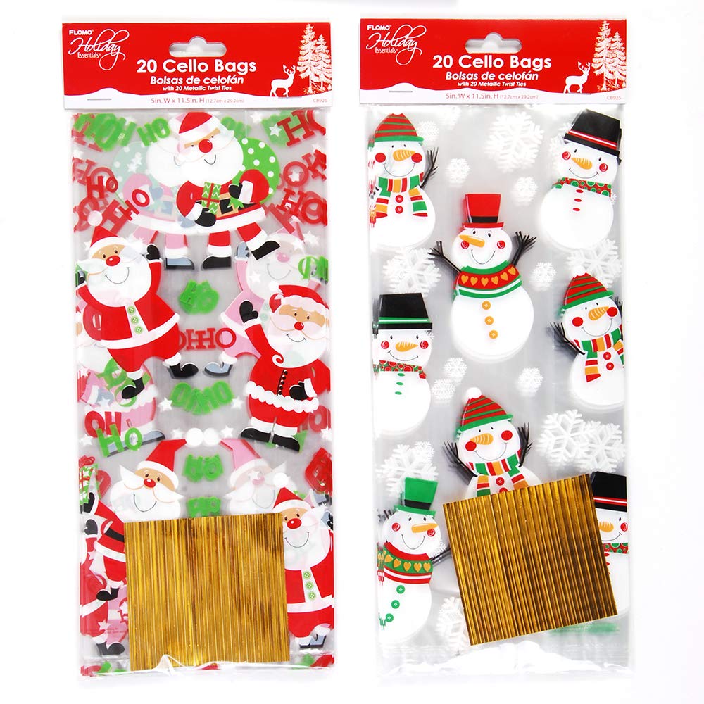 Christmas Cello Bags with Twist Ties - Santa Snowman Holiday Favor Bags (40 Pack) | Perfect for Teacher Gifts, Christmas Parties, Wedding Favors & Events | Great for Candy, Cookies & Small Gift Packaging