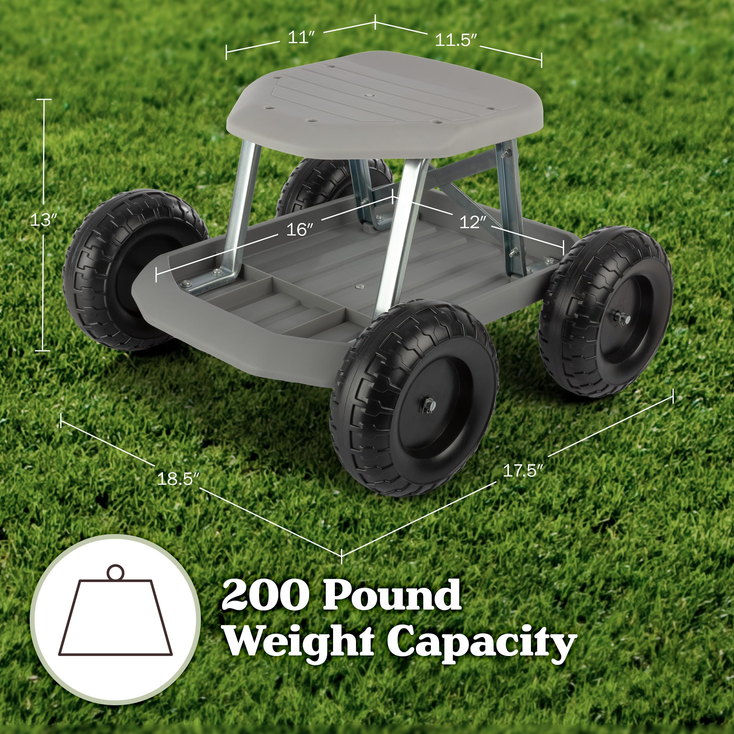 **Pure Garden Rolling Gardening Stool with Wheels & Storage Tool Tray - Foldable Garden Seat Cart for Outdoor Planting, Weeding & Yard Work - Durable Gray Garden Scooter for Seniors & Gardeners**