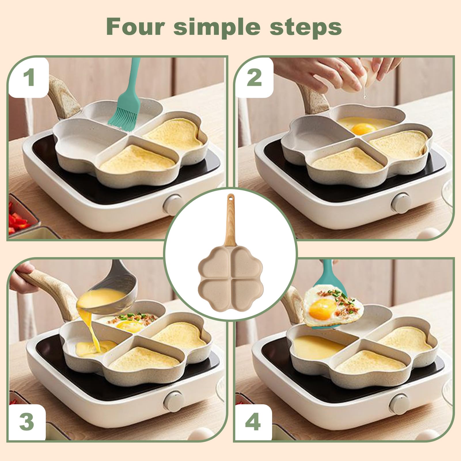 Bocguy Nonstick Heart-Shaped Pancake Pan - 4 Hole Aluminum Griddle for Pancakes, Eggs, Burgers - Induction & Gas Stove Compatible - Perfect for Breakfast, Brunch, and Family Cooking