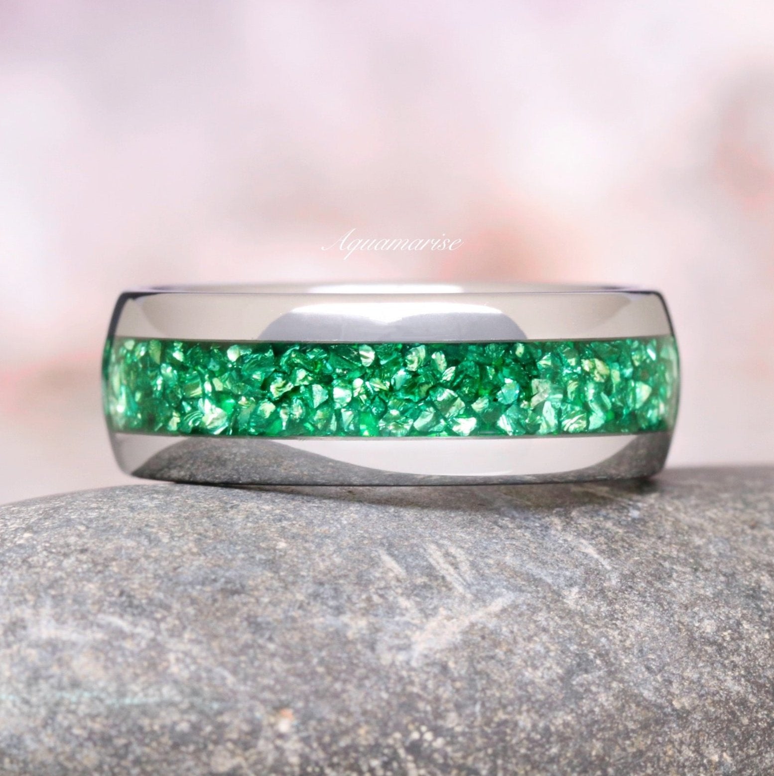 8MM Tungsten Crushed Emerald Wedding Band for Men - Durable & Elegant Ring for Engagement, Anniversary, and Special Occasions