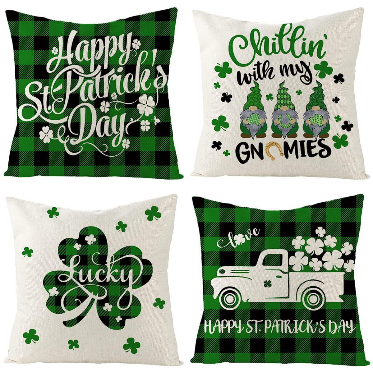 St. Patrick's Day Pillow Covers 18x18 Inch - Set of 4 Shamrock Gnome & Green Buffalo Plaid Throw Pillow Cases for Couch, Sofa, Living Room, Outdoor Decor - Perfect for Irish-Themed Parties, Home Decor, and Seasonal Celebrations
