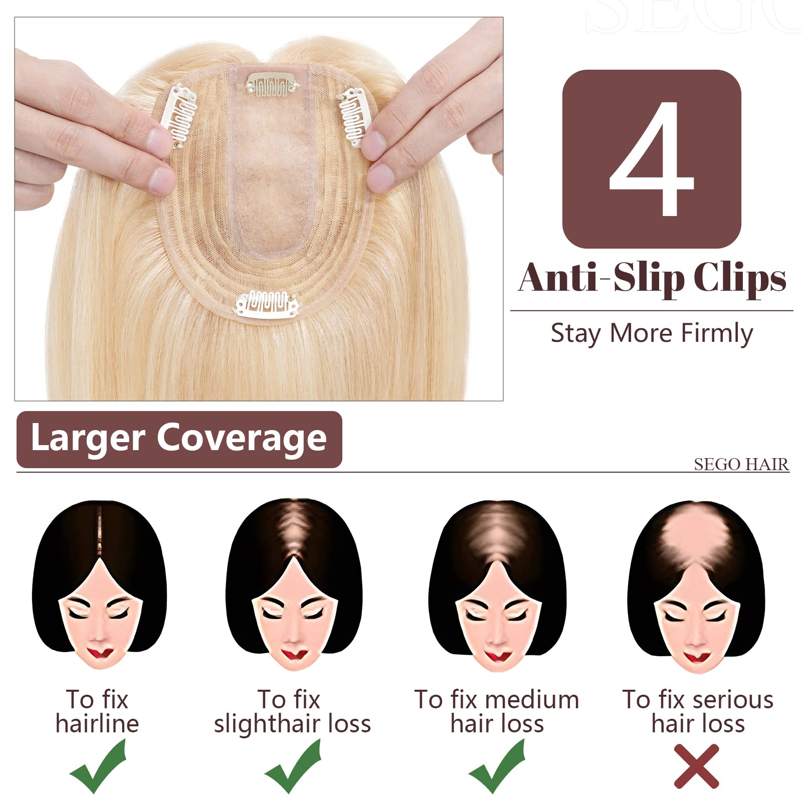 SEGO Clip-in Human Hair Topper for Women - No Bangs Remy Hair Topper with Silk Base, 4 Clips for Thinning Hair & Hair Loss - Perfect for Covering Grey Hair & Daily Styling (Work, Parties, Weddings)