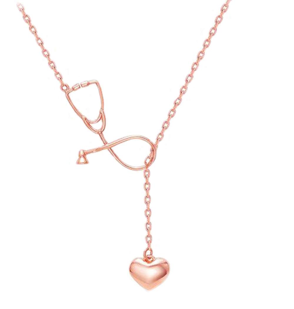 Stylish Gold & Rose Gold Plated Stethoscope Lariat Necklace with Heart Pendant - Perfect Doctor Nurse Jewelry Gift for Medical Professionals (Rose Gold) | Ideal for Graduations, Appreciation Gifts & Medical Conferences