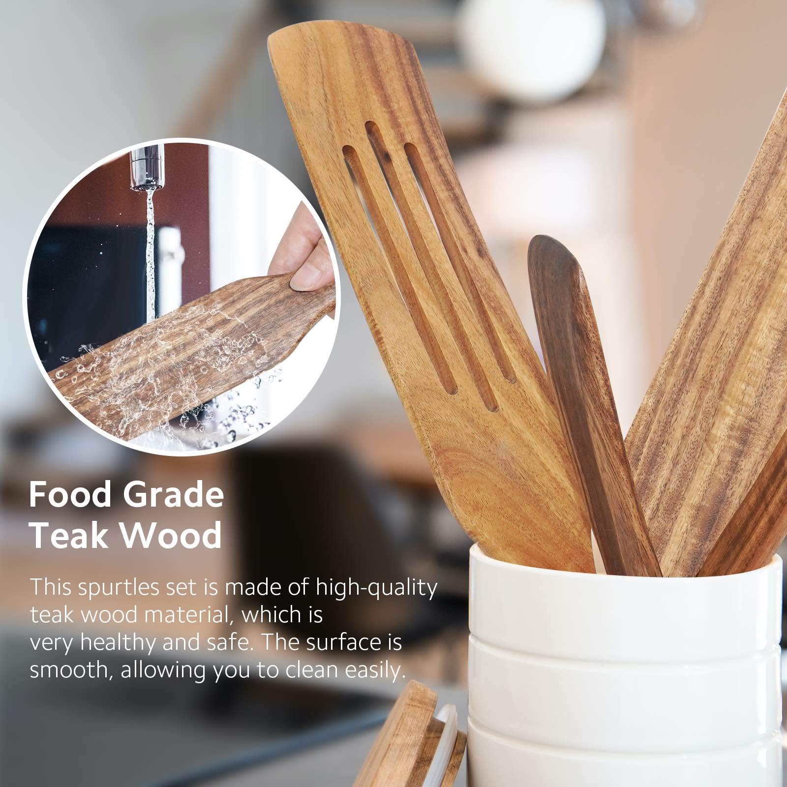 4-Piece Teak Wooden Kitchen Utensil Set - Wooden Spatula, Spoon & Cooking Tools for Baking, Stirring & Serving - Durable & Easy to Clean for Everyday Cooking & Gift Giving