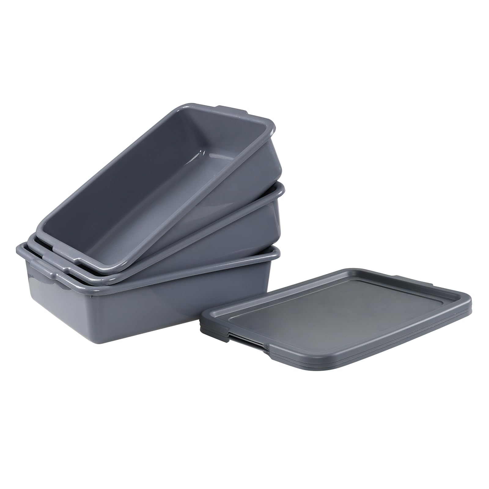 13L Plastic Bus Tray with Lids - Set of 3 Grey Commercial Food Storage Containers for Restaurants, Catering & Meal Prep | Durable Stackable Tote Boxes for Kitchen Organization & Transport