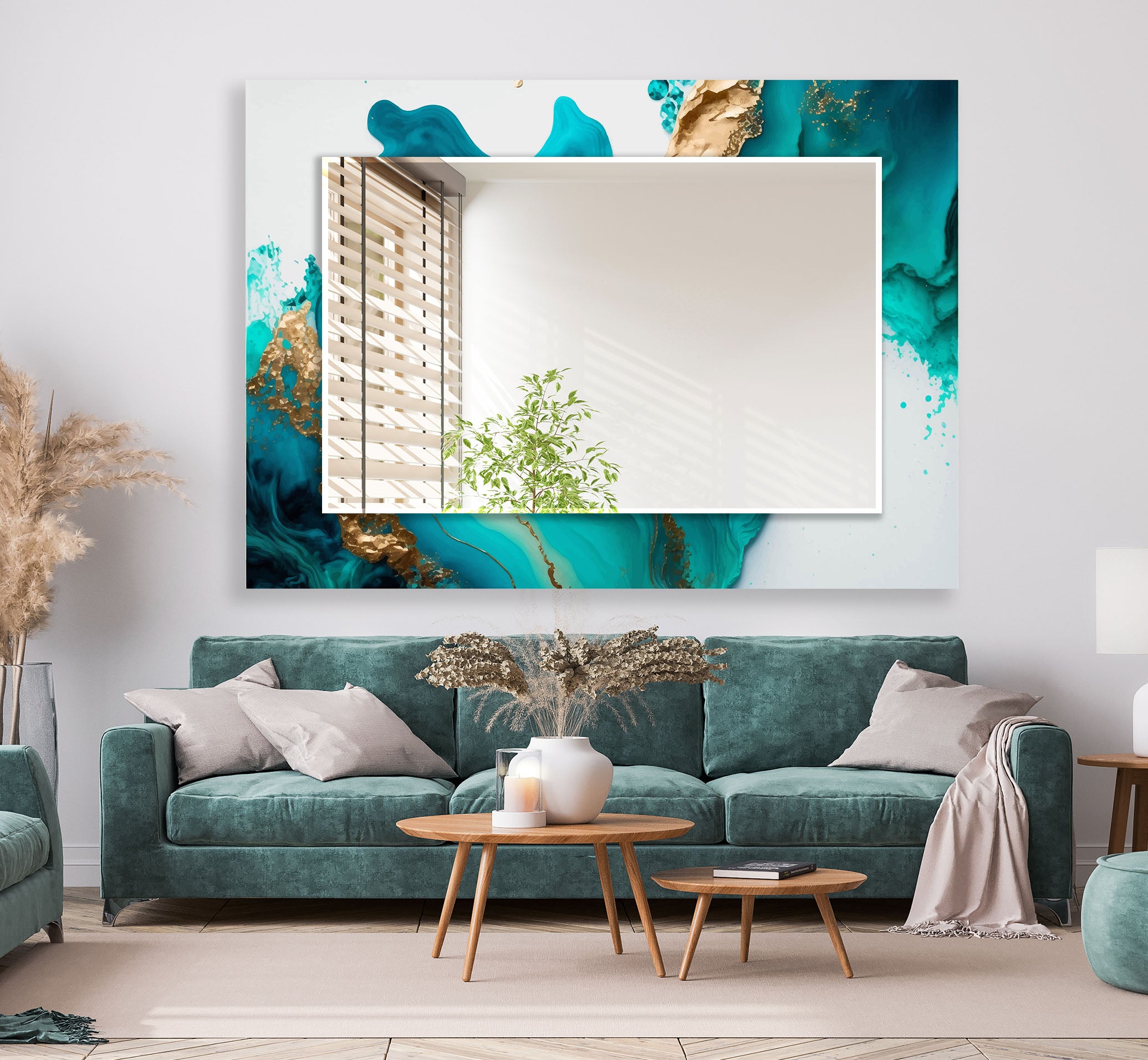 Aqua Marble Glass Wall Mirror with Turquoise Abstract Frame - Elegant Bathroom & Bedroom Decor for Modern Homes