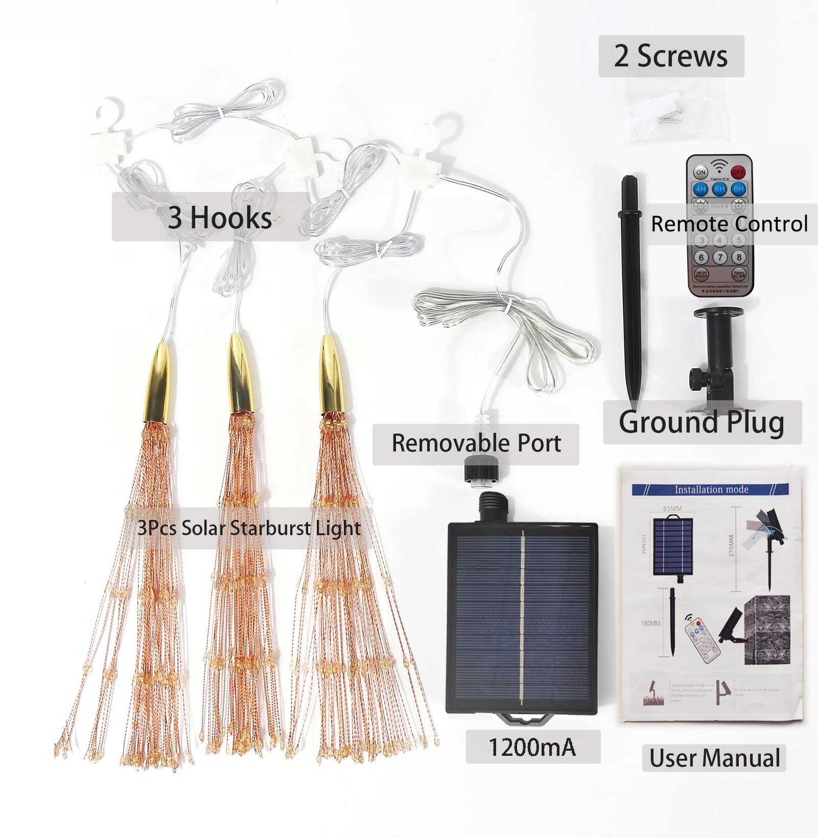 3 Pack 600 LED Solar Starburst Sphere Lights with Remote Control - 8 Modes Dimmable Waterproof Hanging Fairy Lights for Outdoor Patio, Garden, Christmas, Party & Wedding Decor (Warm White)