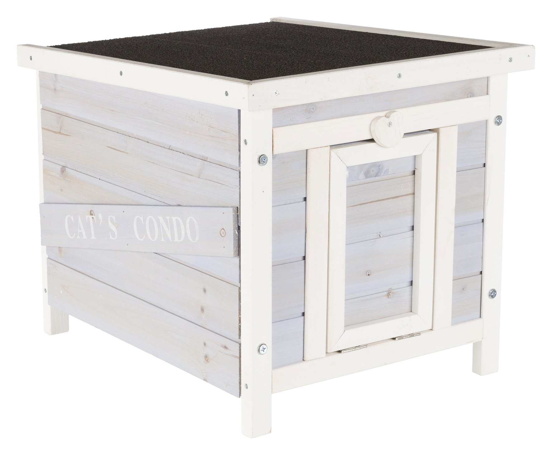 TRIXIE Weatherproof Outdoor Cat House with Raised Floor - Hinged Asphalt Roof & Covered Opening - Gray & White Fir Wood Shelter for Cats & Small Animals - Perfect for Backyard, Garden & Patio Protection