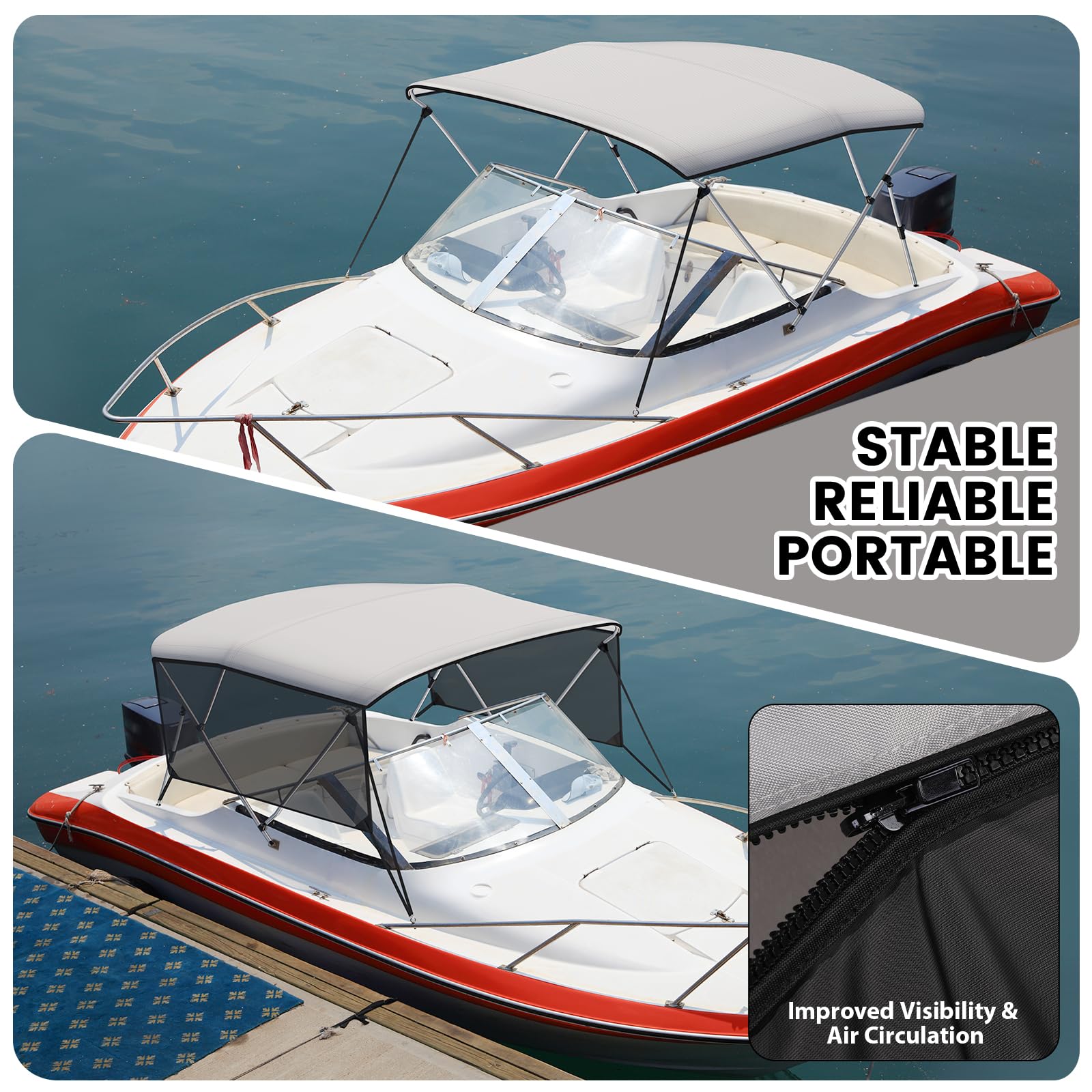 GARVEE 3-Bow 6-Foot Bimini Top with UV Protection - Adjustable Poles, Marine Grade Canvas, Easy Installation for Boats, Yachts & Watercraft - Perfect for Shade & Sun Protection on Deck