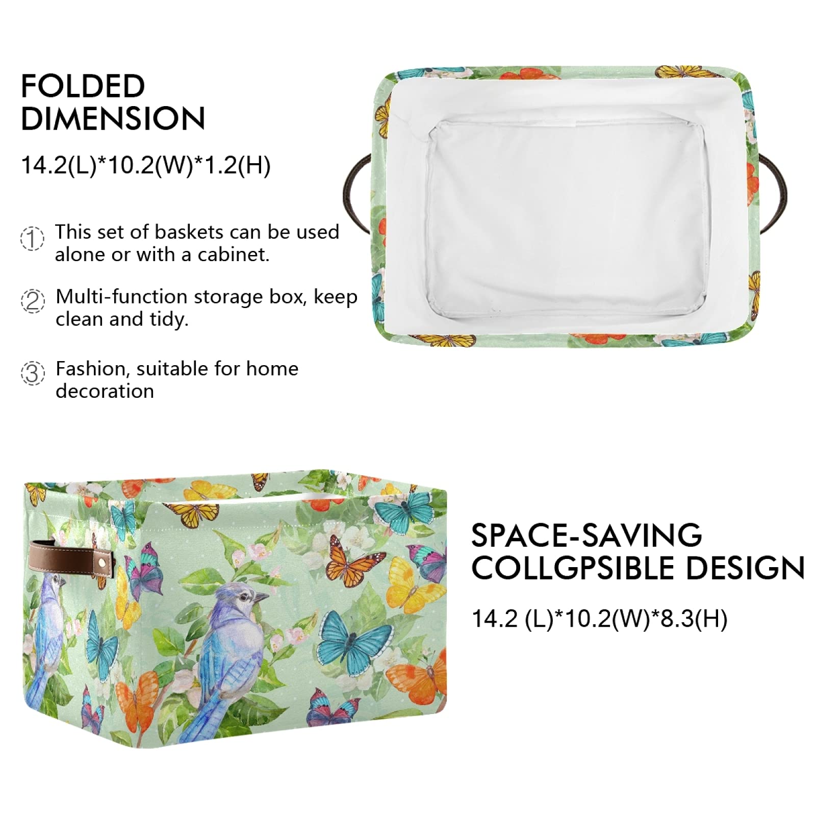 Collapsible Storage Basket with PU Handles - Waterproof Nursery & Laundry Organizer (2 Pack) | Butterfly & Bird Design in Turquoise | Perfect for Baby Rooms, Bathrooms & Closet Organization