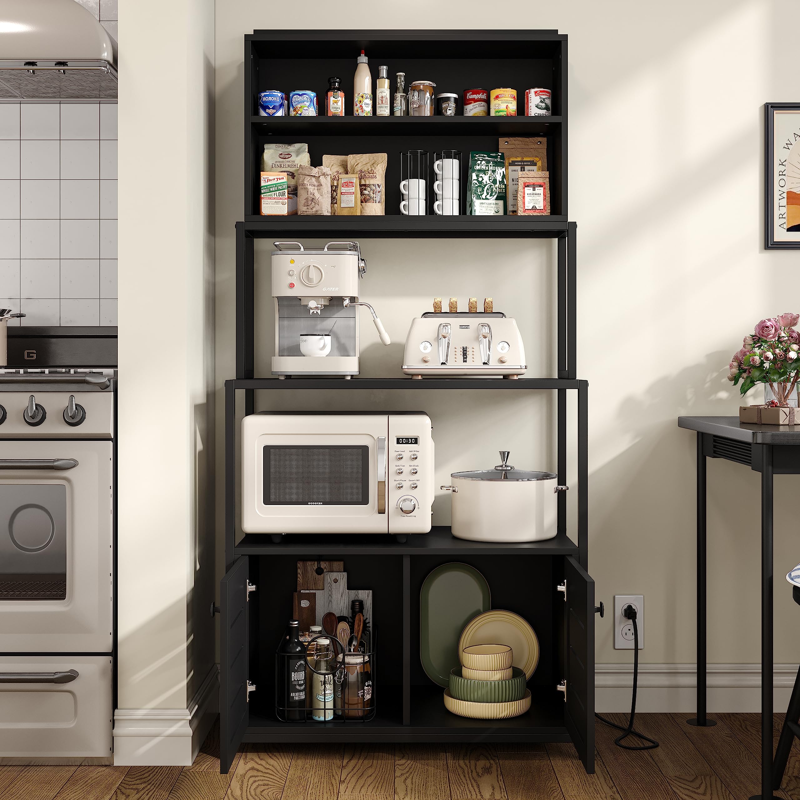 5-Tier Industrial Kitchen Bakers Rack with Power Outlet & Cabinet - Heavy Duty Microwave Stand with Shelves, Black - Perfect for Small Kitchen Storage, Pantry Organization & Baking Supplies Storage