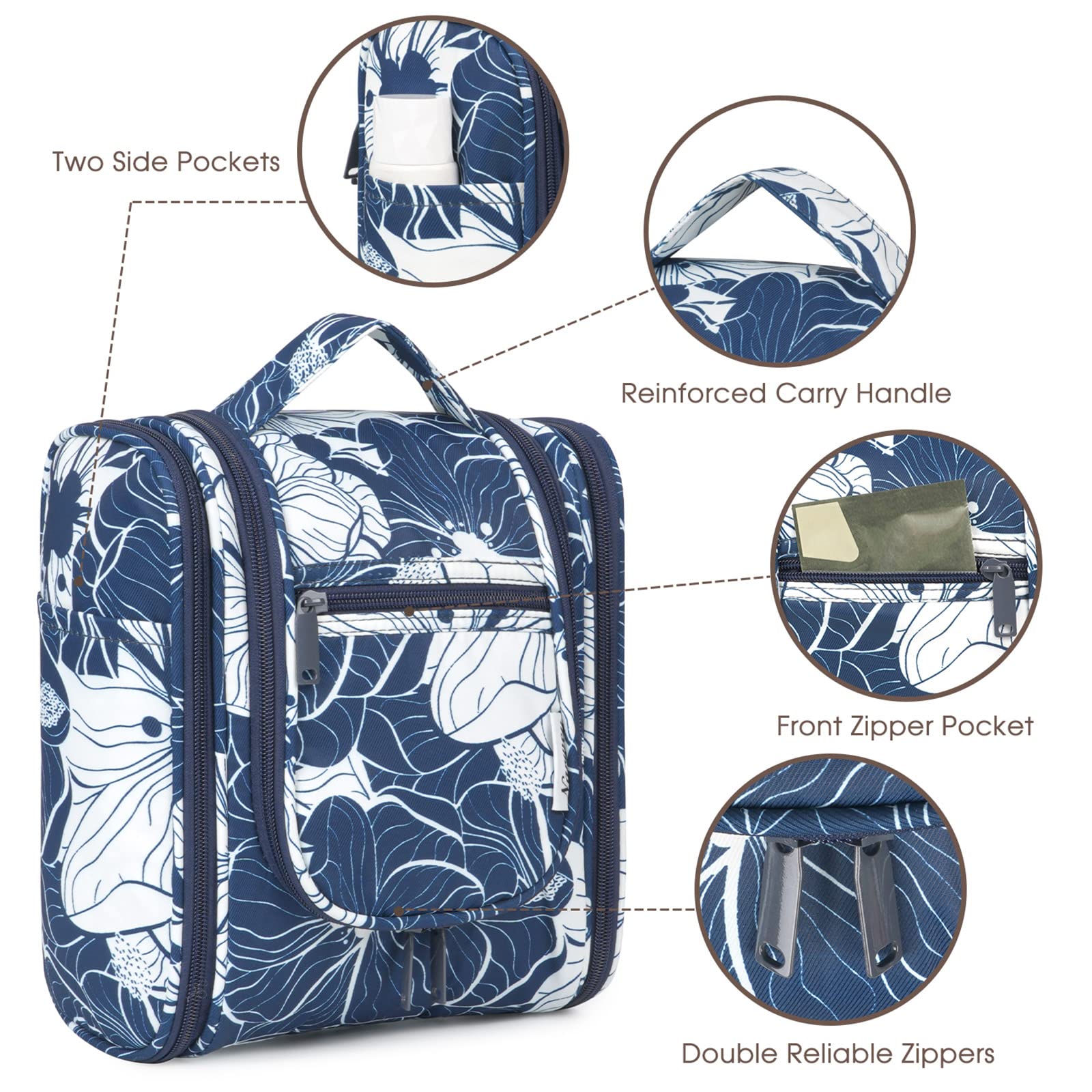 Narwey Small Hanging Travel Toiletry Bag - Waterproof Cosmetic Makeup Organizer for Women & Men - Perfect for Bathroom, Gym, Camping Trips (Medium, Blue Lotus)