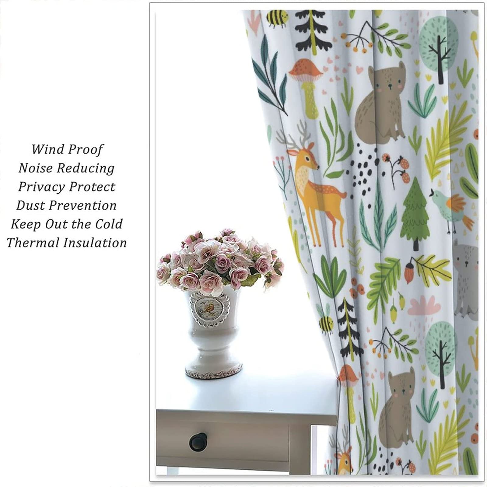 Blackout Curtains for Kids Room - Forest Theme with Wild Animals, Plants & Trees - 52x84 Inches (132x213cm) - Perfect for Bedroom, Nursery & Living Room Decor - Blocks Light for Better Sleep & Privacy