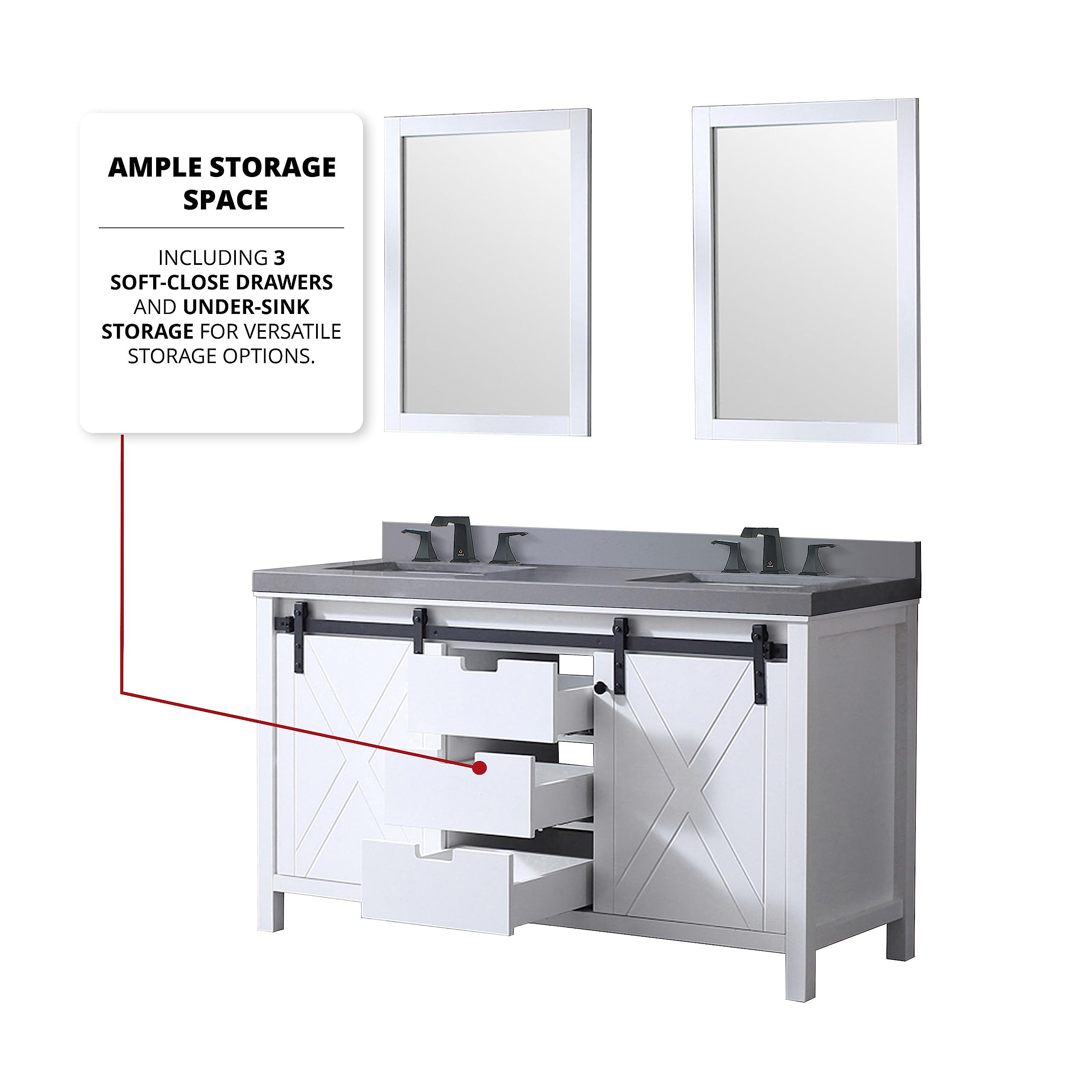 Ketchum 60-Inch White Double Bathroom Vanity with Grey Quartz Countertop & 24-Inch Mirrors - Modern Bathroom Furniture for Master Bath or Guest Bath Renovation