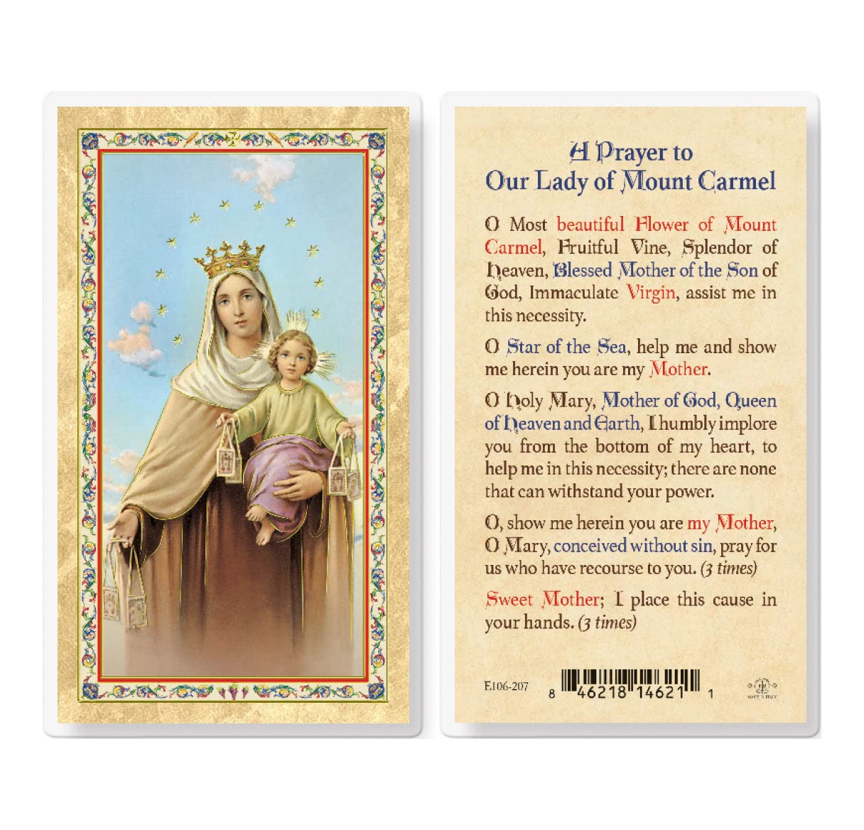Our Lady of Mt. Carmel Gold-Stamped Laminated Catholic Prayer Cards - Pack of 25 with Prayer on Back - Perfect for Religious Devotion, First Communion Gifts & Catholic Church Events