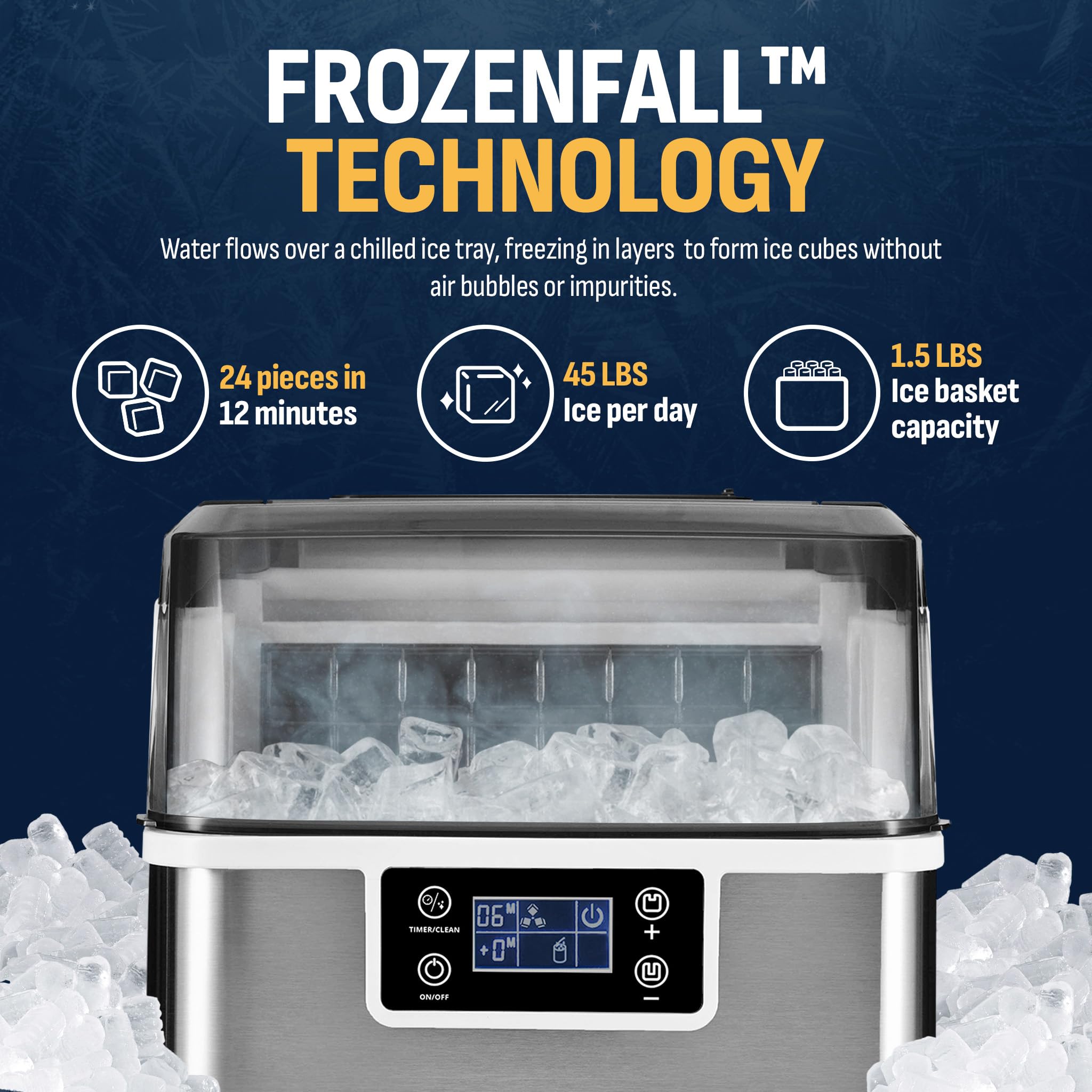 Newair 45lbs/Day Countertop Clear Ice Maker with Self-Cleaning & Adjustable Ice Thickness - Portable Ice Cube Machine with 24H Timer - Perfect for Home, Office, RV, Outdoor Bar & Parties - Stainless Steel Design