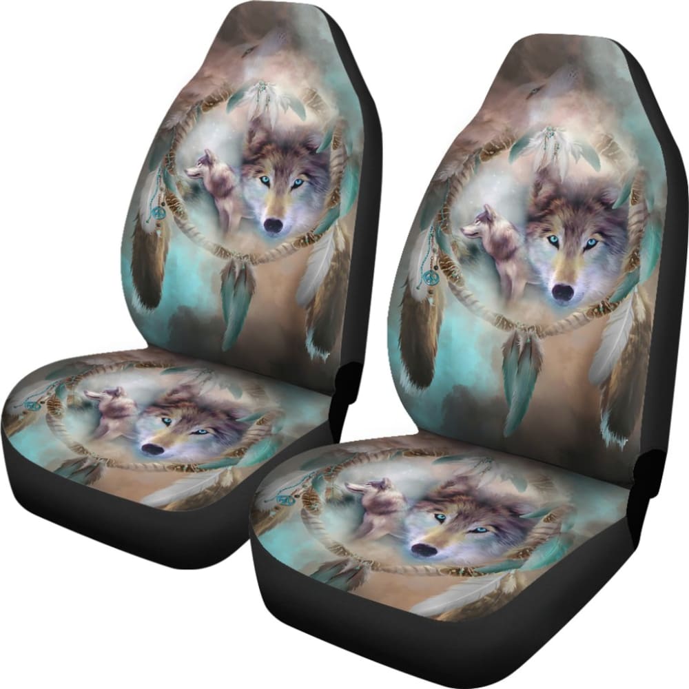 Premium Blue Eyes Wolf Dreamcatcher Car Seat Covers - Universal Fit for Cars, SUVs & Trucks - Native American Inspired Design for Home & Office Decor
