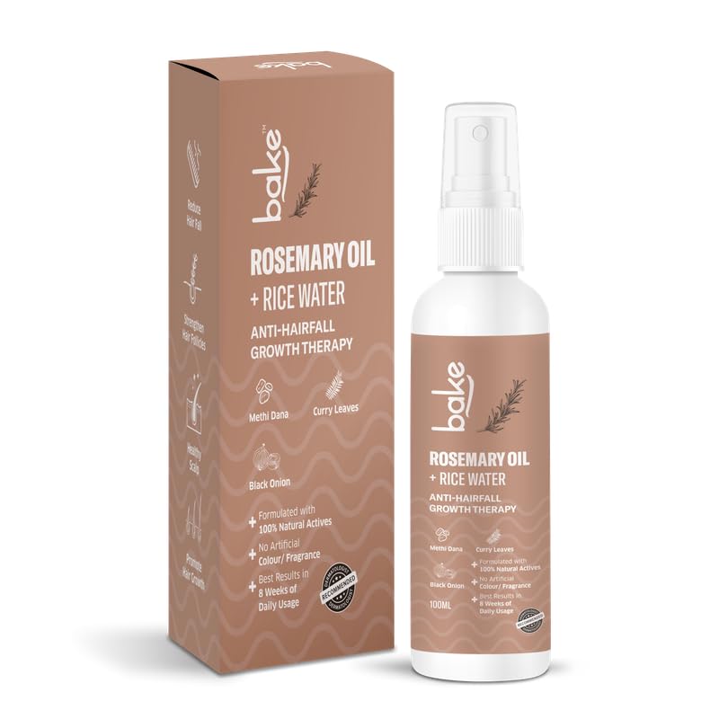 BAKE Rosemary Oil Hair Growth Serum Spray with Rice Water & Fenugreek Seed | Stops Hair Fall, Promotes Regrowth & Repairs Keratin Treated Hair | Strengthens Hair Follicles for Women & Men | 100ml | Perfect for Daily Hair Care & Scalp Treatment at Home