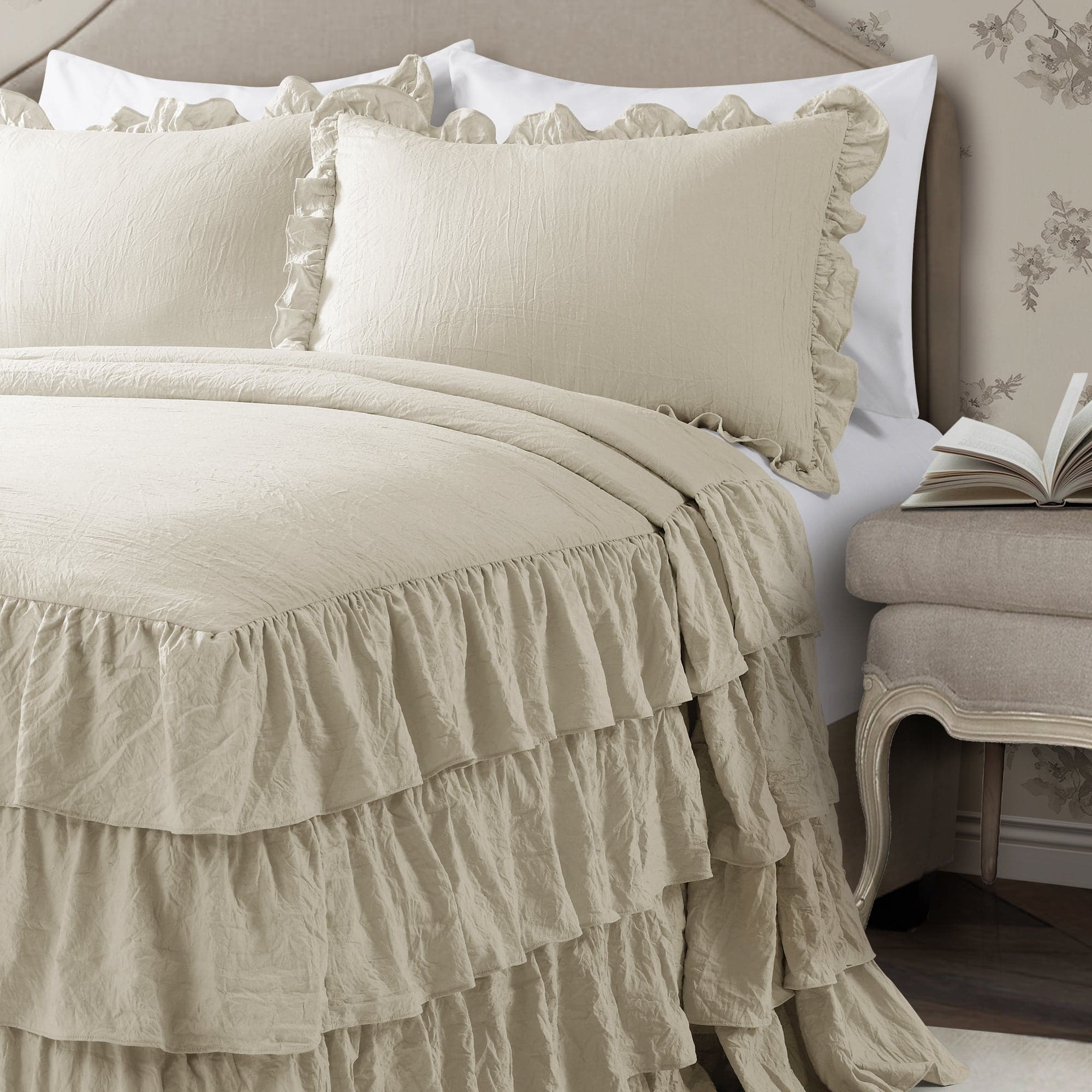 Allison Ruffle Skirt Bedspread Set - Elegant Floral Printed Queen Size Bedding with Ruffled Skirt | Perfect for Master Bedroom, Guest Room & Vacation Home Decor