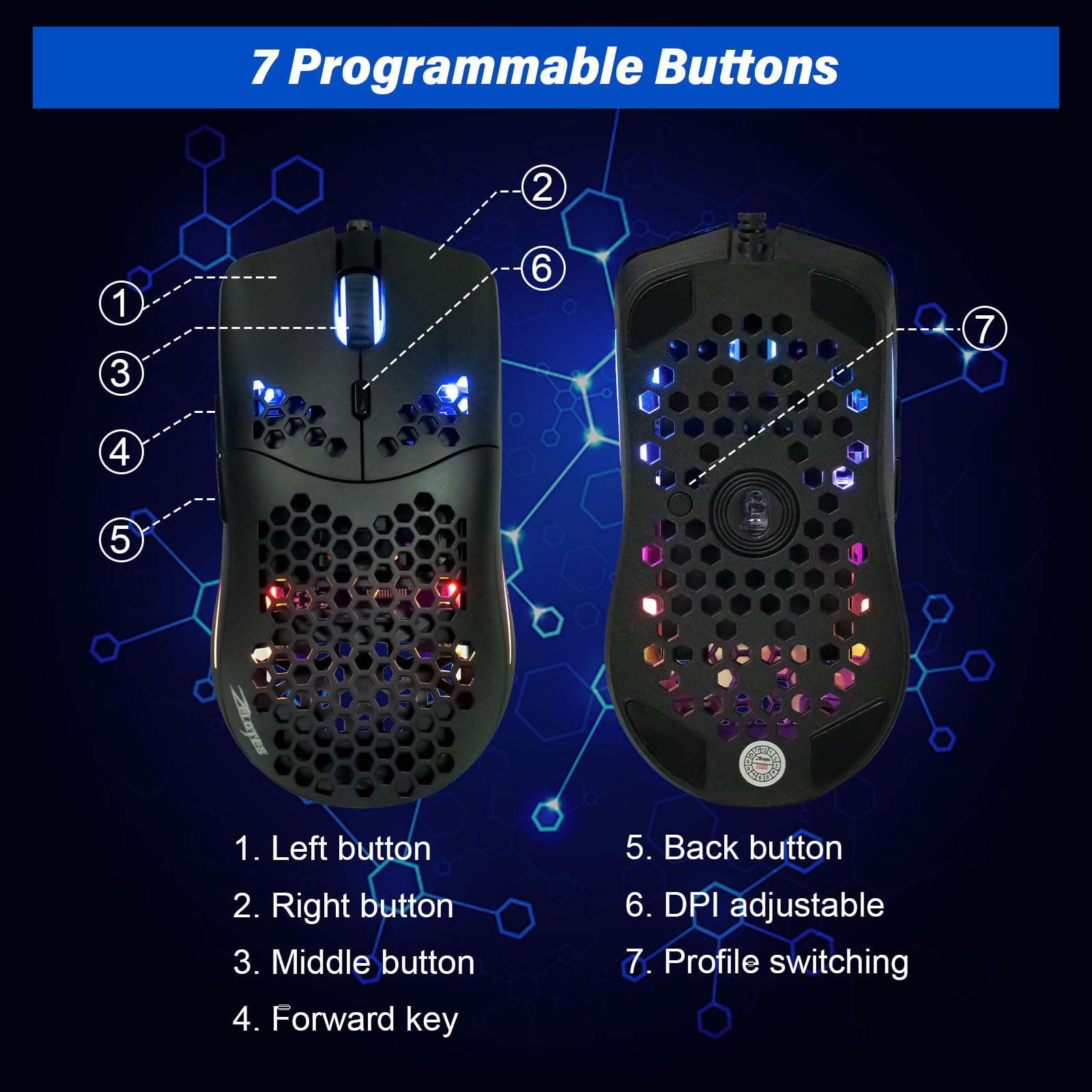 XuanGui C7 Wired Gaming Mouse - Honeycomb Design, 16000 DPI Adjustable Sensor, 7 Programmable Buttons, RGB Lighting, Ultra Lightweight for PC & Laptop - Perfect for FPS, MOBA & Esports Gaming