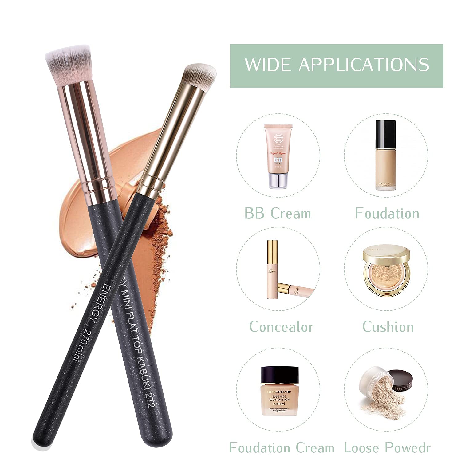 ENERGY Kabuki Brush Set - Mini Flat Top & Slant Concealer Brush for Eyebrows, Eyeshadow, Liquid, Cream & Powder Makeup | Perfect for Blending, Stippling, Highlighting & Nose Contouring | Ideal for Professional Makeup Artists & Everyday Beauty Routine