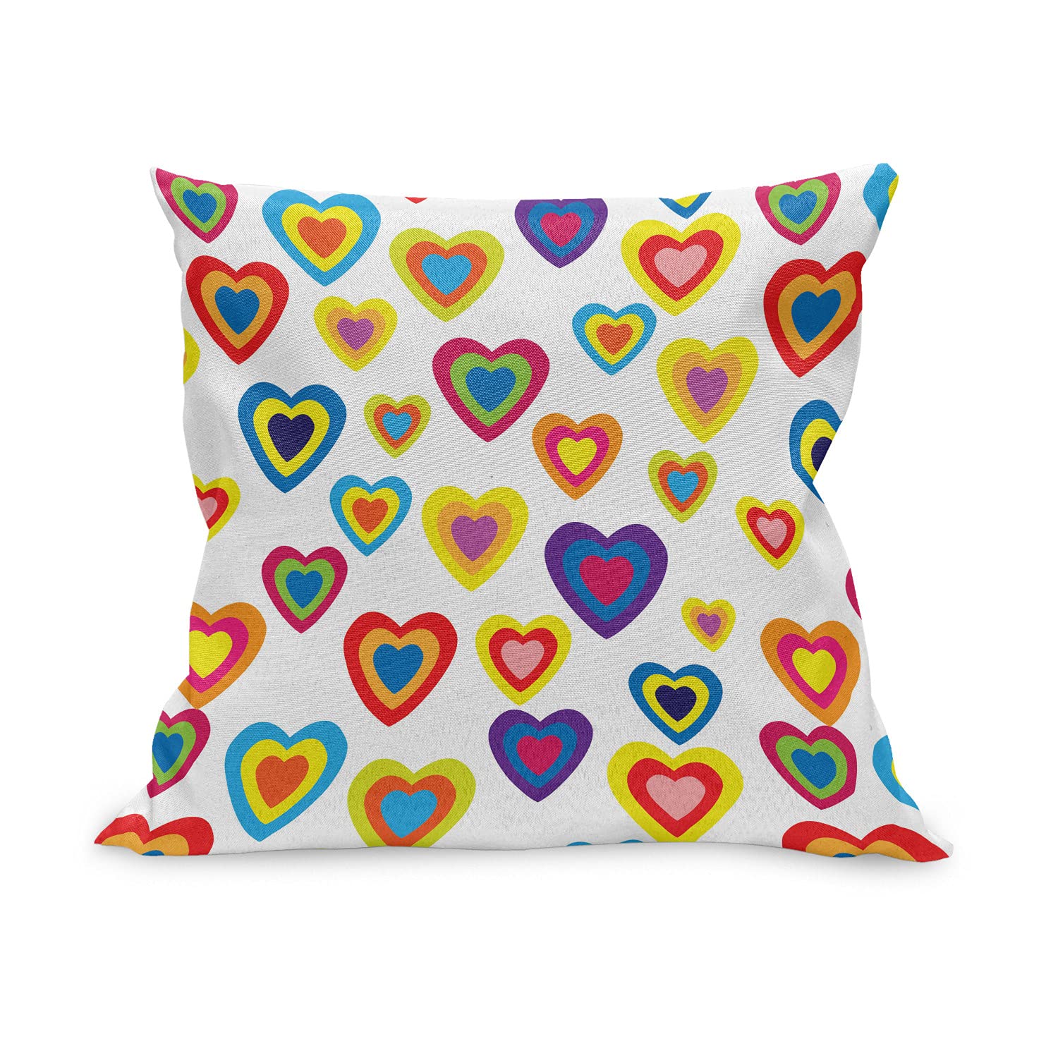 Ambesonne Valentine's Day Throw Pillow Cover 18x18 Inches - Abstract Colorful Heart Design on White Background, Retro Romantic Decorative Cushion Case for Sofa, Bedroom, Living Room Decor - White & Multicolor