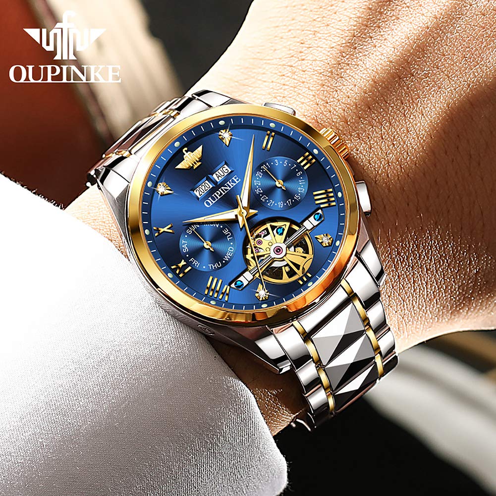 OUPINKE Men's Automatic Skeleton Mechanical Watch - Self-Winding Hollow Design, Sapphire Crystal, 50M Waterproof, Tungsten Steel Case - Perfect for Business, Formal & Casual Wear