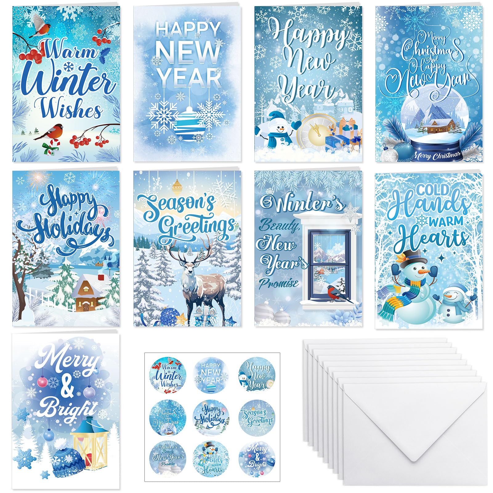 HOWAF 9-Piece Happy New Year Greeting Card Set with Envelopes & Stickers - Winter Holiday Christmas Cards for Employees, Friends & Family - Festive Thank You Cards for Office Gifts, Holiday Parties & Seasonal Greetings