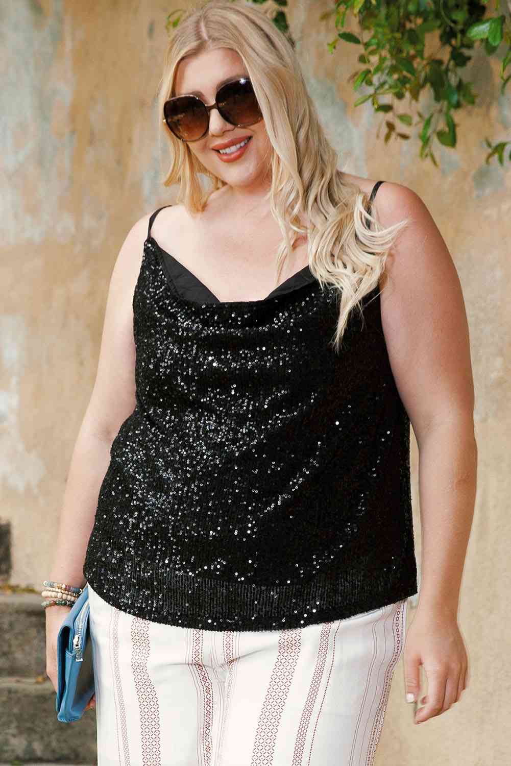 Plus Size Sequin Cowl Neck Cami Top - Glamorous Women's Evening Wear for Parties, Dinners & Special Occasions