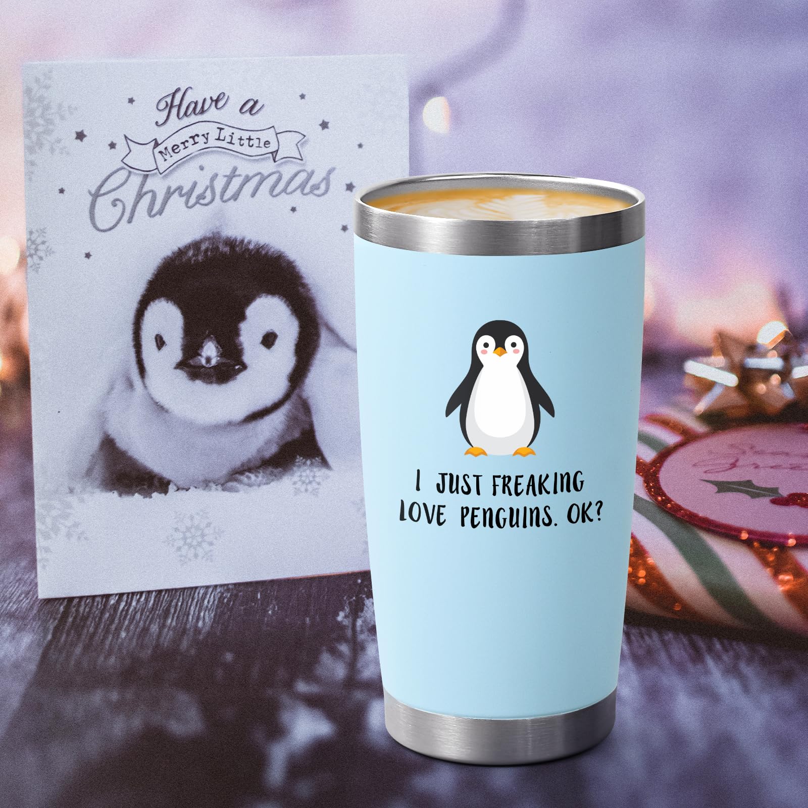 LiqCool 20oz Stainless Steel Tumbler with Lid & Straw - Cute Penguin Design Gift for Women & Men - Perfect Christmas, Birthday Present for Penguin Lovers - Light Blue Insulated Cup for Coffee, Tea & Cold Drinks at Home, Office or Travel