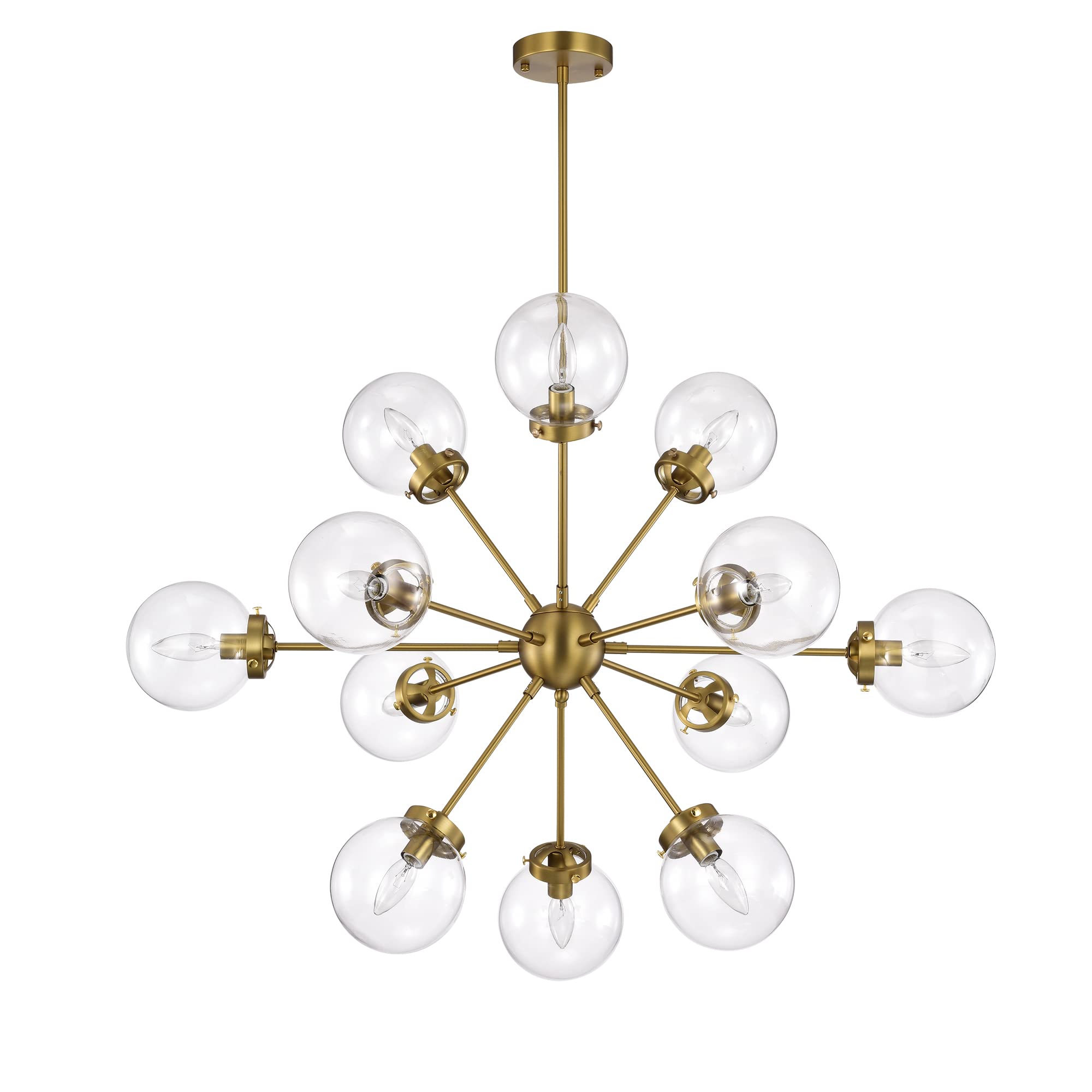Tiffany Masakee 12-Light Sputnik Chandelier with Clear Glass Globe Shades - Brass & Gold Finish | Modern Dining Room Lighting for Restaurants & Luxury Homes