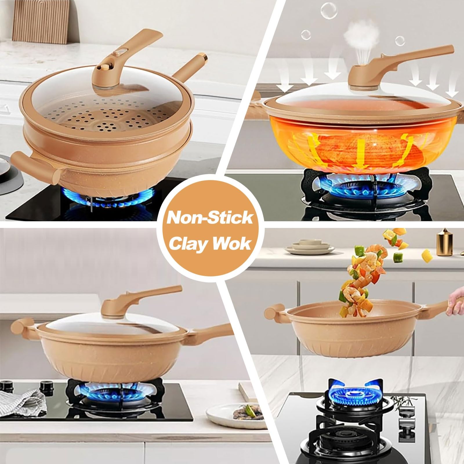 Non-Stick Ceramic Clay Wok with Steamer Basket, 32.6cm Mini Pressure Cooker for Healthy Cooking - Perfect for Steaming, Stir-Frying & Meal Prep