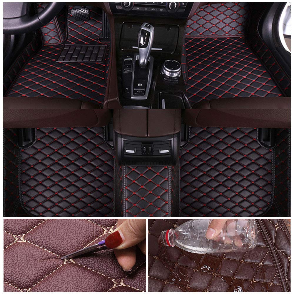Custom Fit All-Weather Floor Mats for Nissan Sentra 2006-2019 - Waterproof Leather Car Floor Liners with Non-Slip Design - Black & Red Interior Accessories for Daily Commute & Road Trips