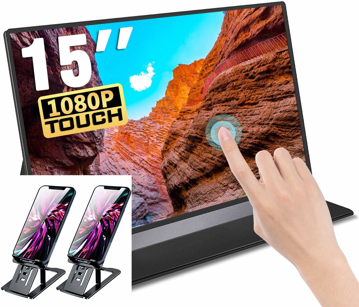 Bimawen 15 Inch Touchscreen Portable Monitor with Foldable Aluminum Alloy Phone Stand - Ultra Slim Second Screen for Laptop, Gaming & Office Work