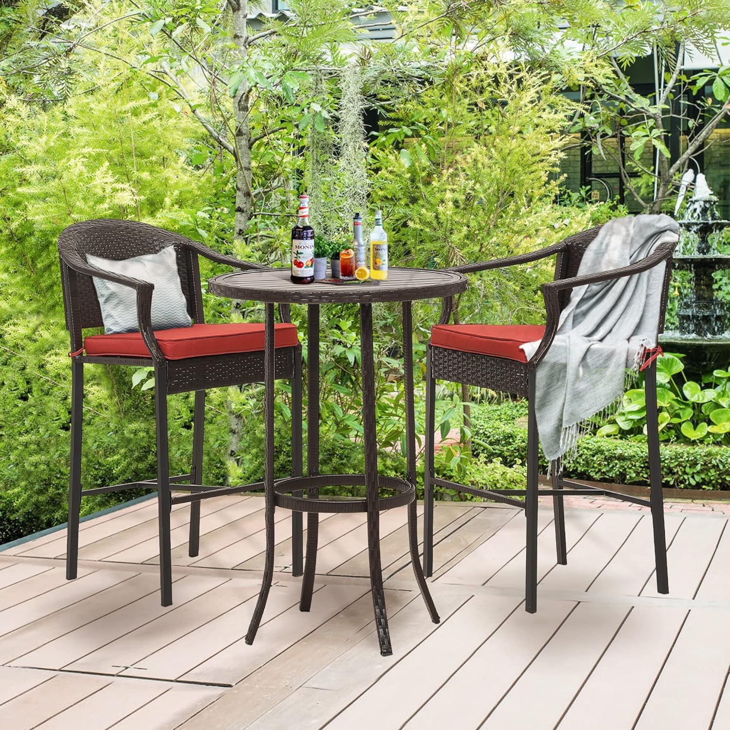 3-Piece Patio Bar Set with Rattan Bar Height Table & Chairs - Wicker Outdoor Furniture for Backyard, Poolside, Balcony - Includes Barstools & Red Cushions - Perfect for Outdoor Entertaining, Lounging & Relaxation