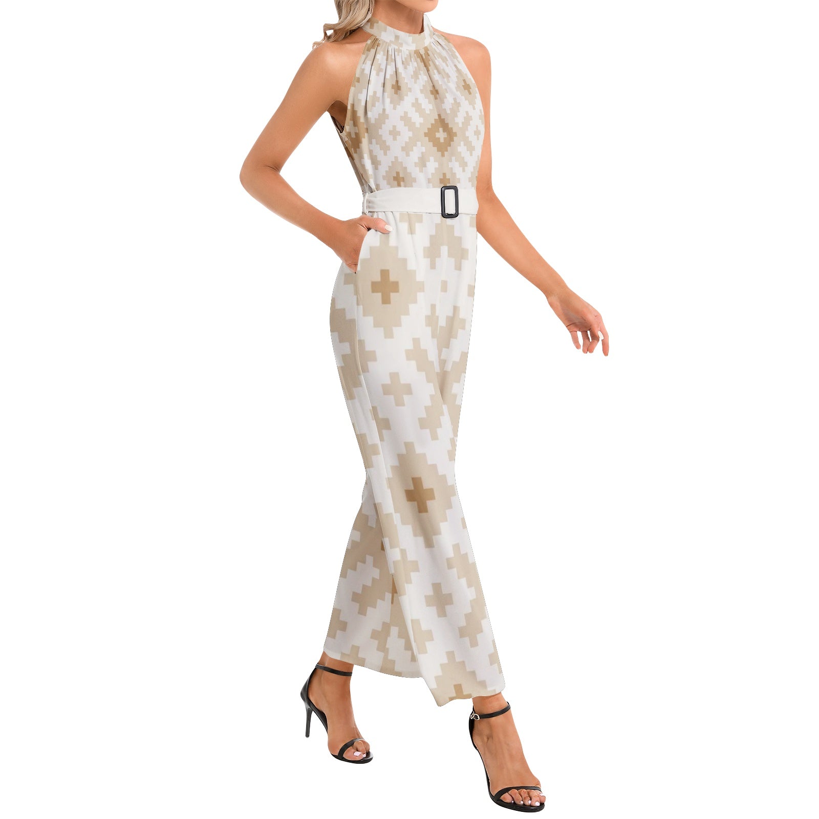 Women's Halter Neck Buckle Belted Jumpsuit - Sierra Cloud Print Fashion Romper for Summer, Beach & Vacation Outfits