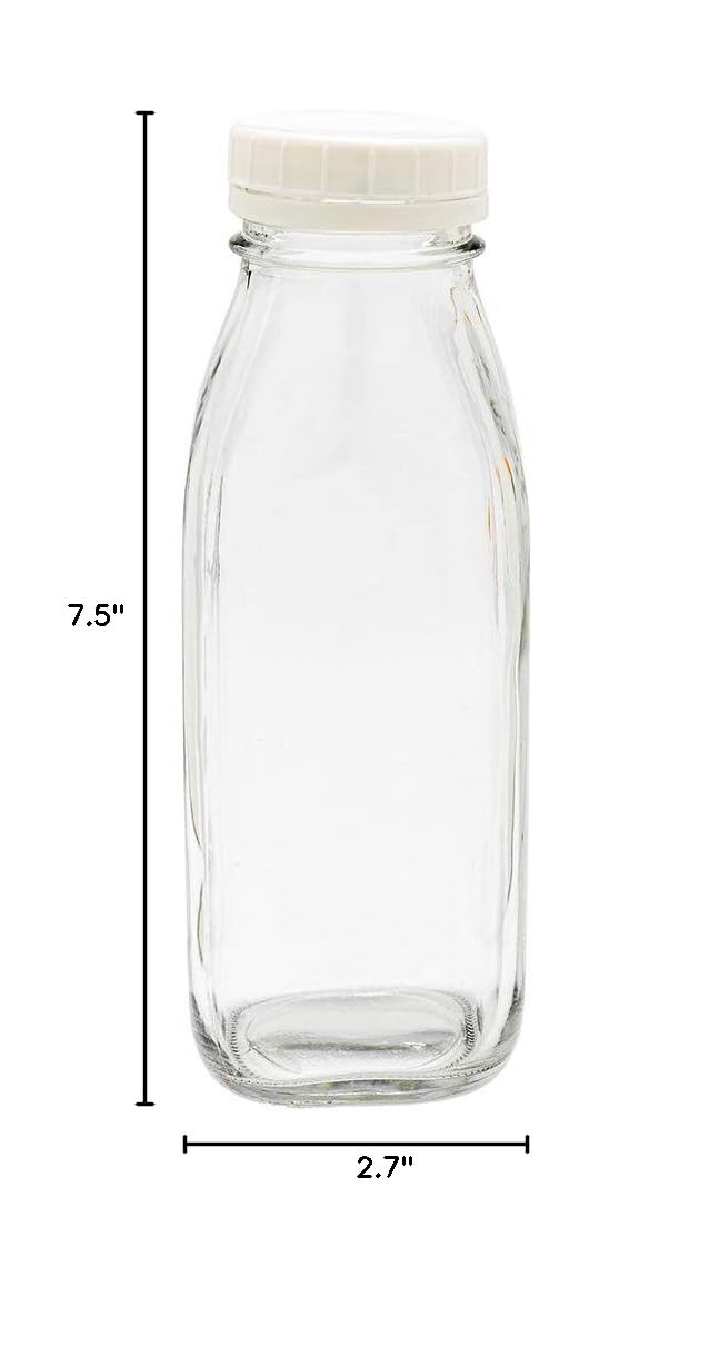 Restaurantware French Countryside 16oz Juice Bottles - 10 Pack Square Clear Glass Bottles with Tamper-Evident Caps | Reusable Storage for Smoothies, Milk Tea, Cold Brew & More | Perfect for Juice Bars, Coffee Shops & Home Kitchen Organization