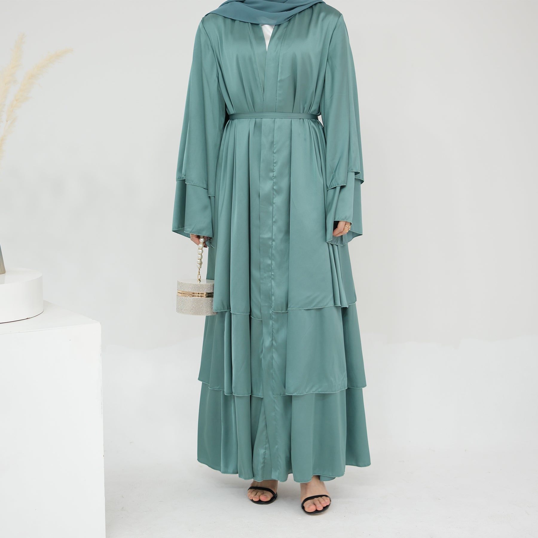 Miranda Layered Hem Satin Open Abaya Dress for Women - Elegant Mint Green Islamic Prayer Abaya for Mosque, Eid & Special Occasions