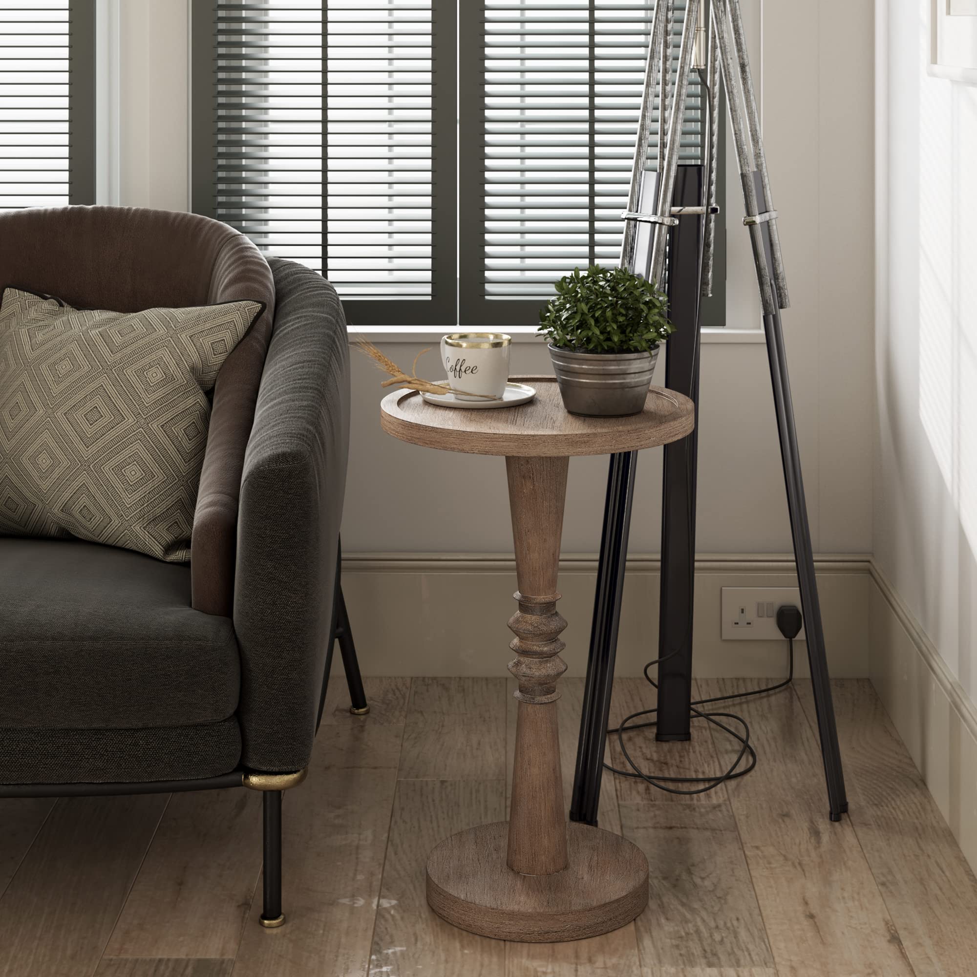 LONYKE Farmhouse Round End Table with Tray Top - Distressed Wood Side Table for Living Room, Bedroom, or Office - Perfect for Drinks, Books, and Decor