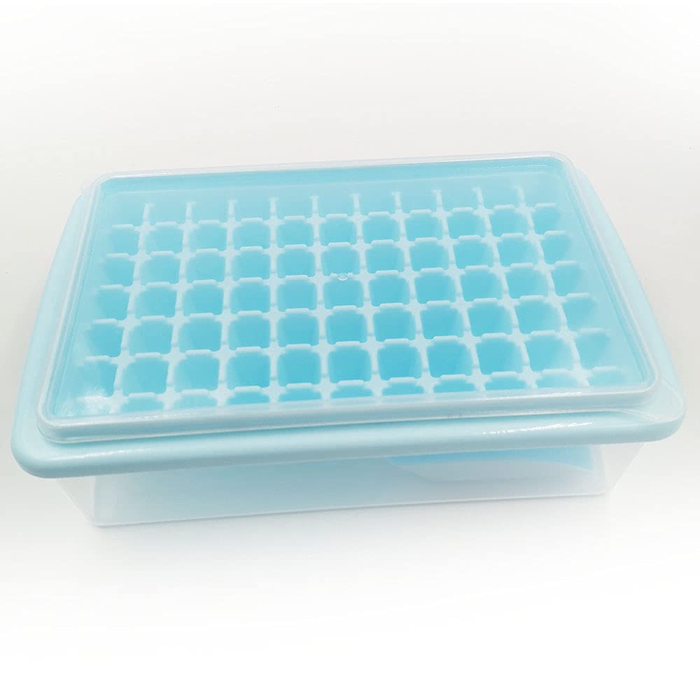 77 Mini Nuggets Ice Cube Tray with Lid & Bin - Leakproof Silicone Ice Tray for Freezer with Ice Container, Scoop & Cover (Blue) - Perfect for Cocktails, Smoothies & Party Drinks