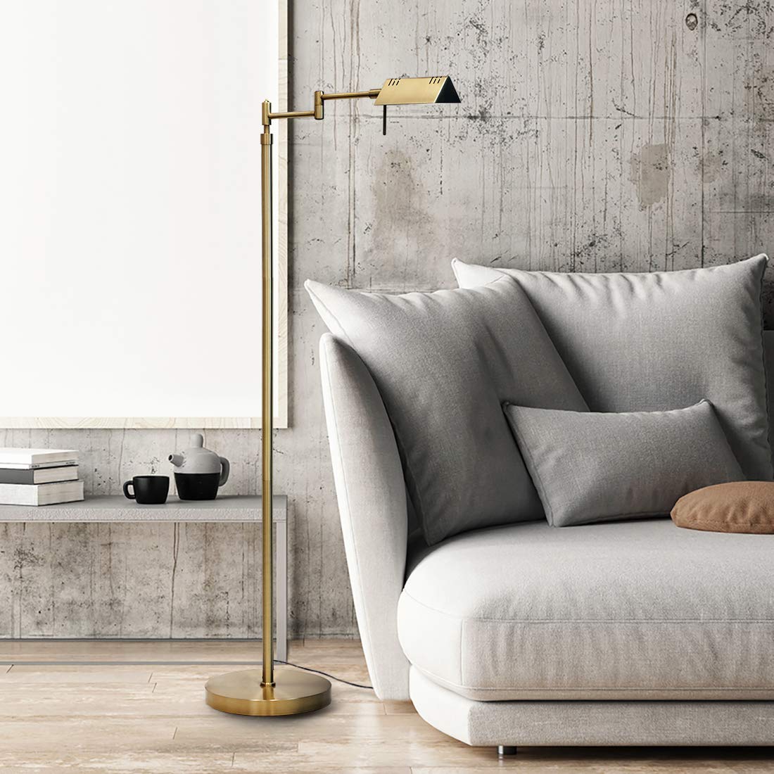 O'Bright Adjustable LED Pharmacy Floor Lamp - 12W Dimmable Standing Light with 360° Swing Arms & Height Adjustment - Antique Brass (Gold) - Perfect for Reading, Sewing, Crafts & Home Office - ETL Certified