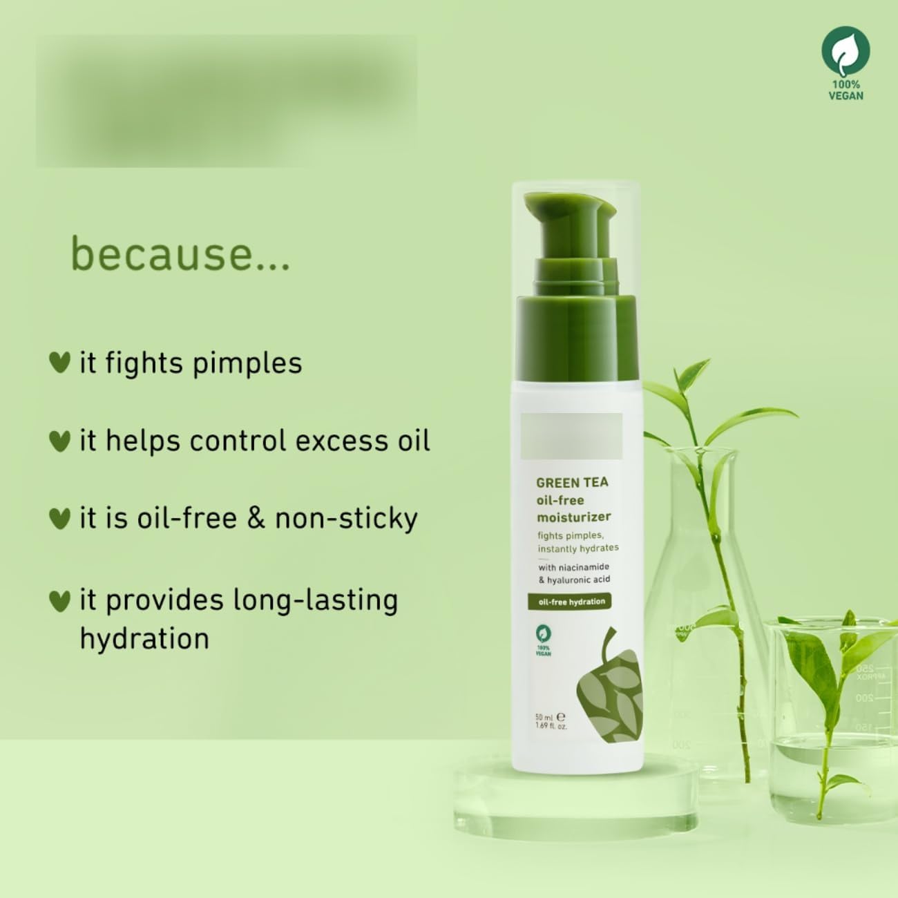 Oil-Free Green Tea Face Moisturizer with Niacinamide & Hyaluronic Acid - Acne Fighting, Hydrating & Brightening Facial Cream for Oily & Combination Skin - Lightweight, Non-Sticky Formula for Day & Night Use - 50ml