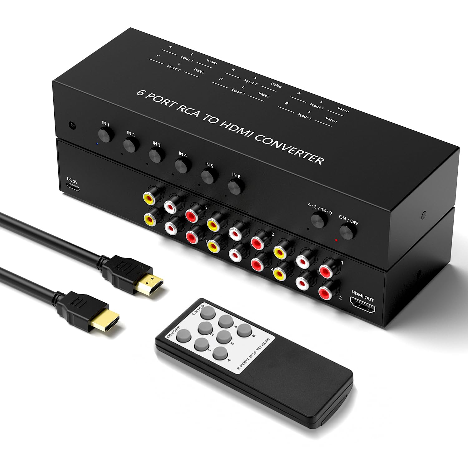 Y.D.F 6 Port RCA to HDMI Converter - 6-Way AV Switch with 4:3/16:9 Aspect Ratio Switching for Gaming Consoles (Sega, Xbox, PS1-3, N64, NGC, SNES, Wii) & Media Devices (VHS, VCR, DVD, Camera) - Perfect for Retro Gaming & Home Theater Setups