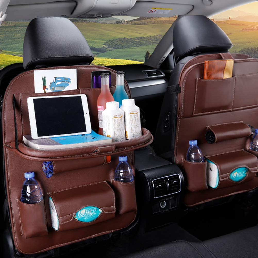 2 Pack Car Backseat Organizer with Table Holder - Multi-Pocket Storage Seat Protector & Kick Mat for Kids Toddlers - Travel Accessories for Road Trips & Family Vacations (Brown)