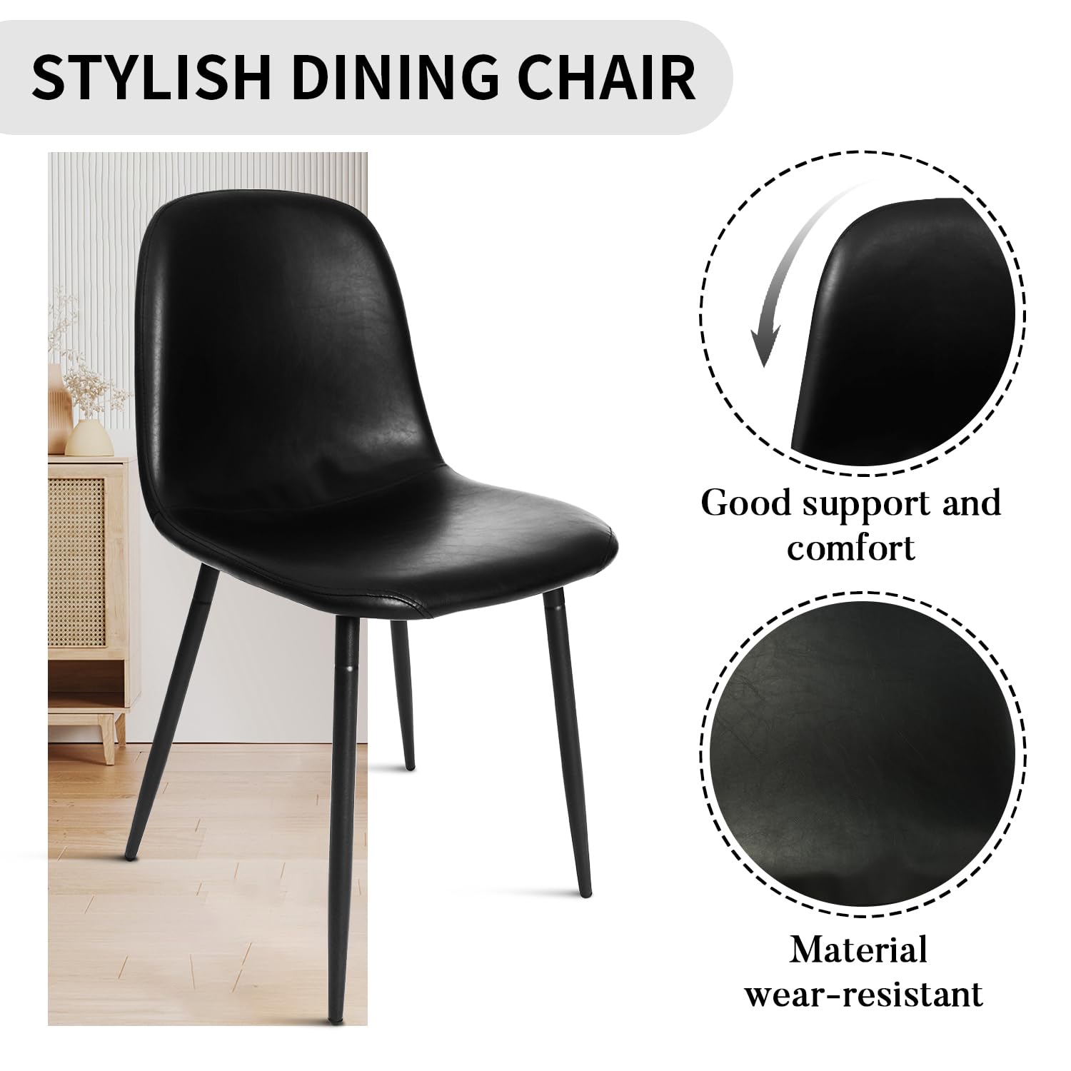 Modern Black Faux Leather Dining Chairs Set of 4 - PU Leather Upholstered Armless Kitchen Chairs with Metal Legs for Dining Room, Living Room & Office Meetings - Elegant Home & Commercial Seating Solution
