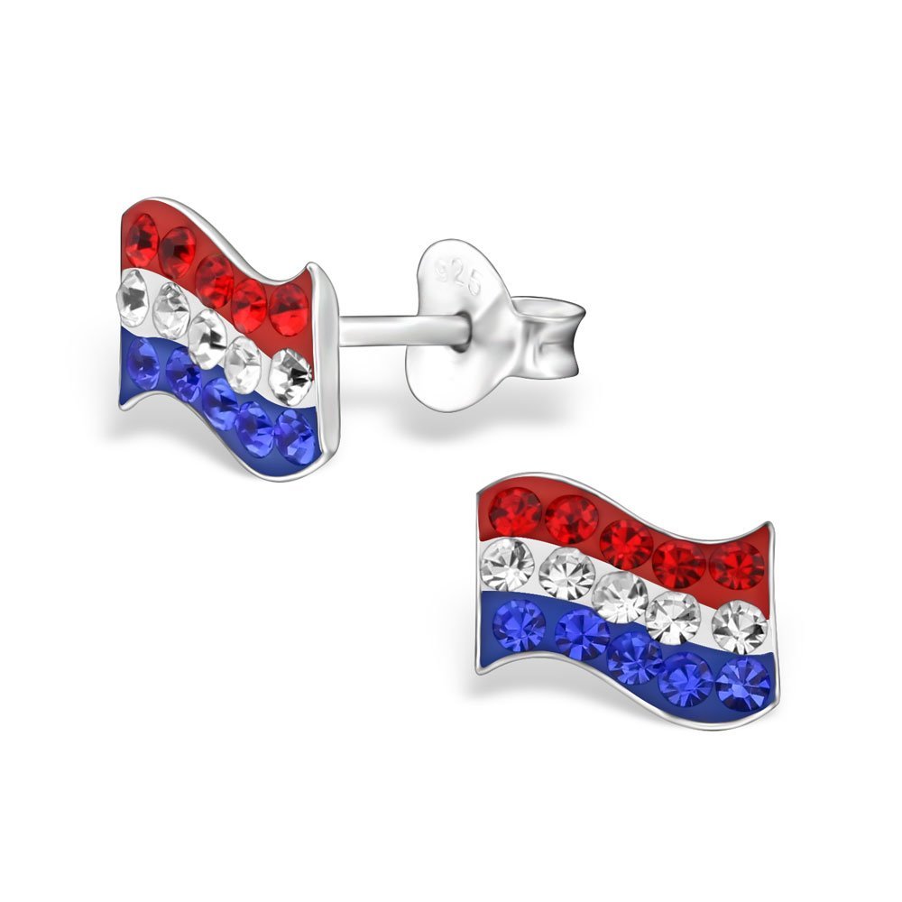 925 Silver Netherlands Flag Stud Earrings with Crystals - Dutch Pride Gift