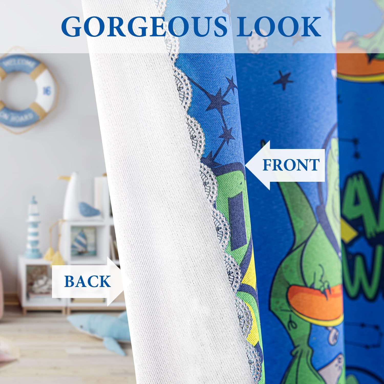 UNISTAR Kids Blackout Curtains - Blue Dinosaur Print Grommet Window Drapes (52x84 Inch, 1 Panel) for Boys Bedroom, Nursery & Playroom - Perfect for Light Blocking & Room Decor