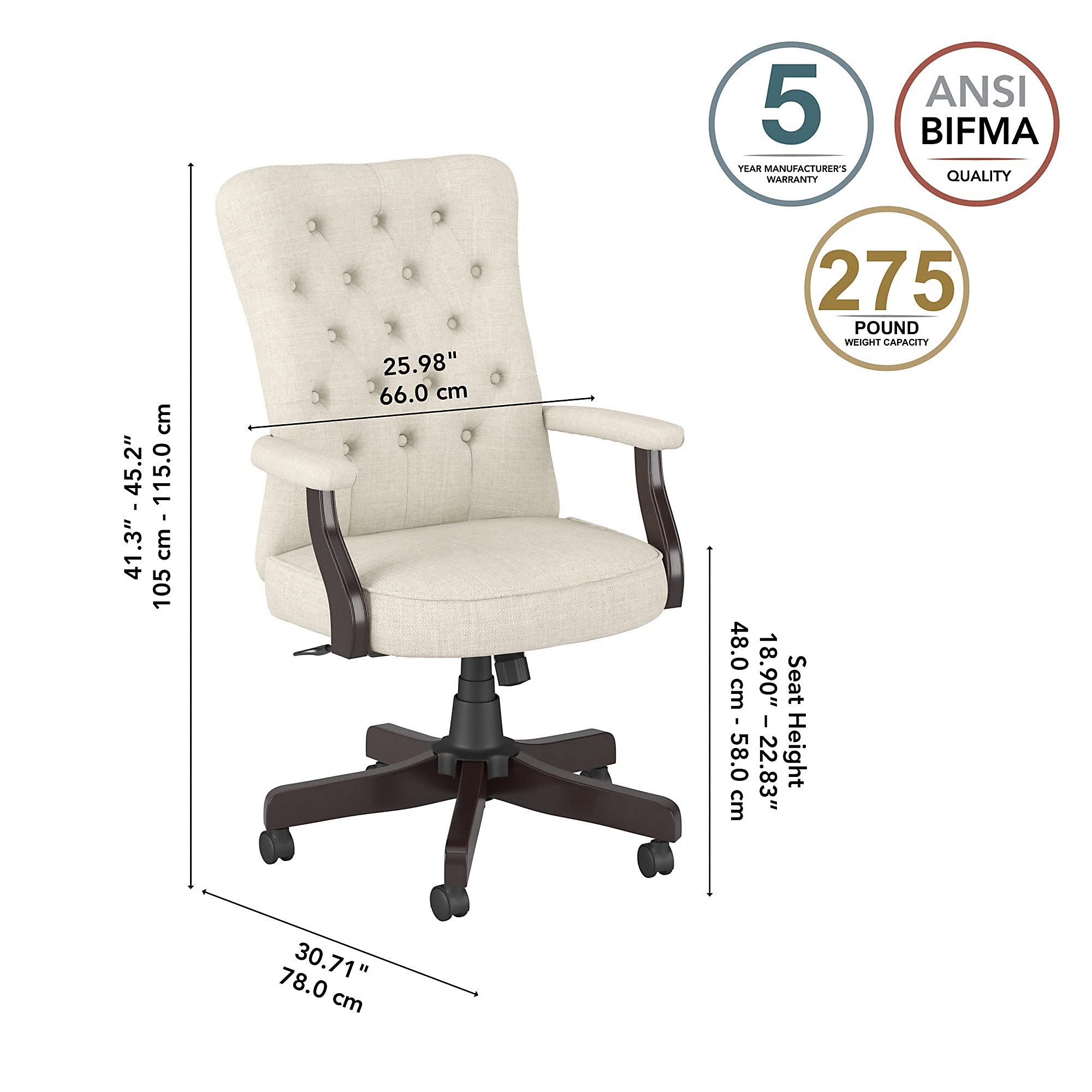 Bush Business Furniture Arden Lane High Back Tufted Office Chair with Arms in Cream Fabric - Ergonomic Computer Desk Chair for Home Office & Professional Workspace | Perfect for Long Hours of Sitting, Video Conferences & Productivity