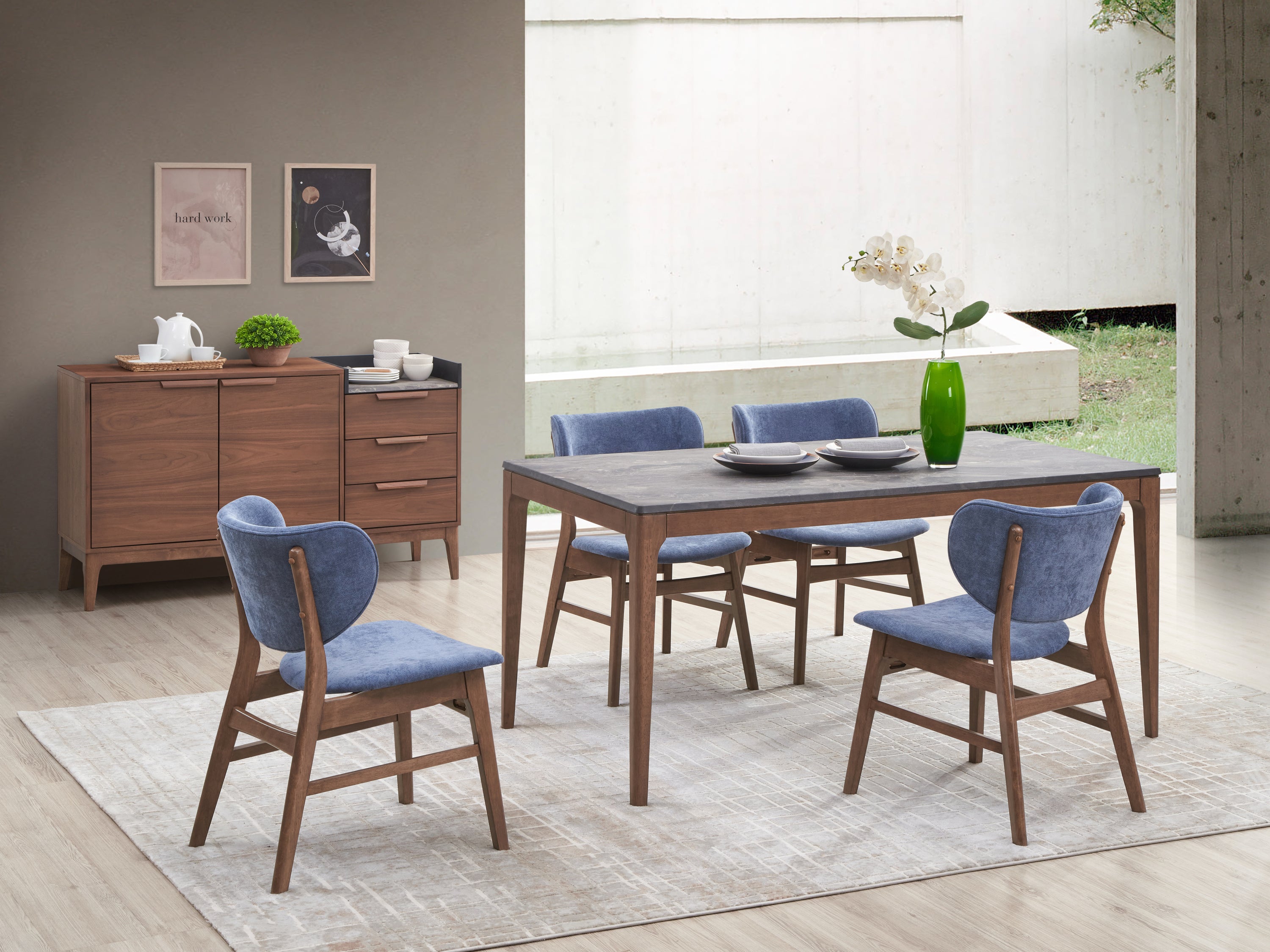 Blue and Walnut Padded Side Chairs (Set of 2) - Comfortable Dining Chairs for Kitchen, Living Room, or Office - Modern Upholstered Accent Chairs with Wooden Legs