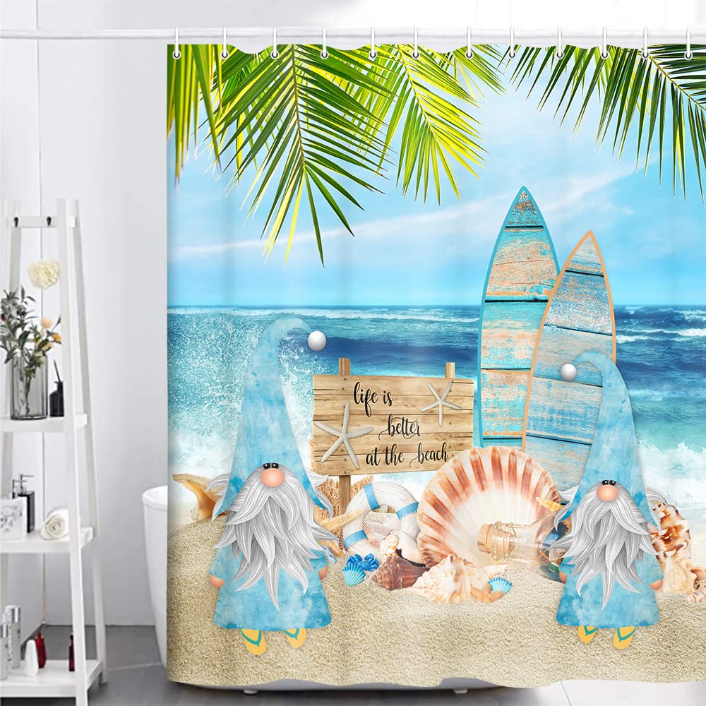 Waterproof Beach Shower Curtain Set - Tropical Ocean Seaside Bathroom Decor with Surfing Gnomes Design, 60x70 Inch Funny Coastal Theme Shower Curtain for Kids & Bathrooms | Perfect for Beach Houses, Vacation Rentals & Summer Home Decor